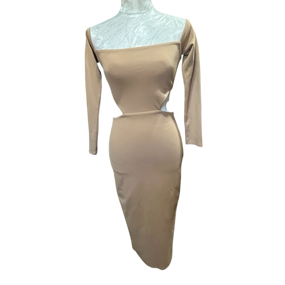 Revolve NBD Sz‎ Small Stassi Brown Midi Dress Bodycon Neutral Cut Out Party Rave